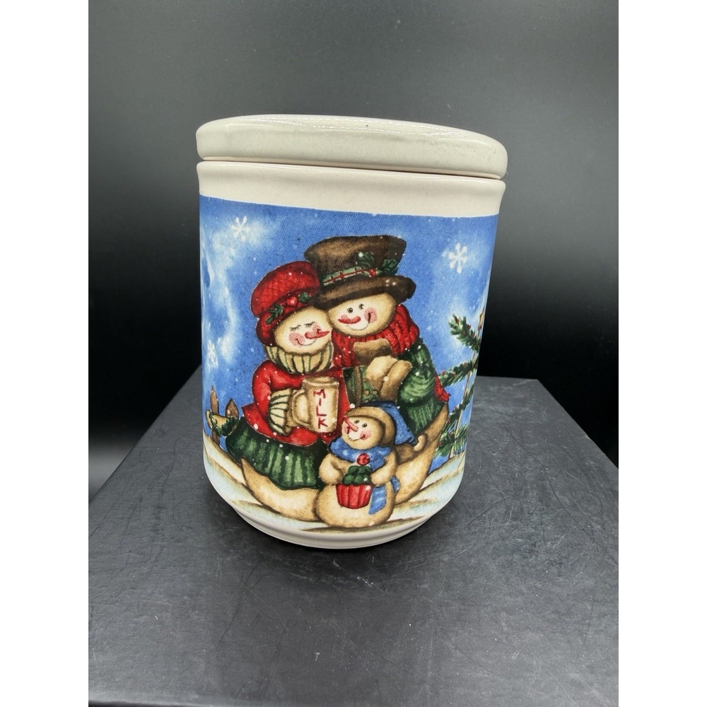 🎄 Merry Brite Christmas Snowmen Stoneware Canister Jar w/ Lid ☃️